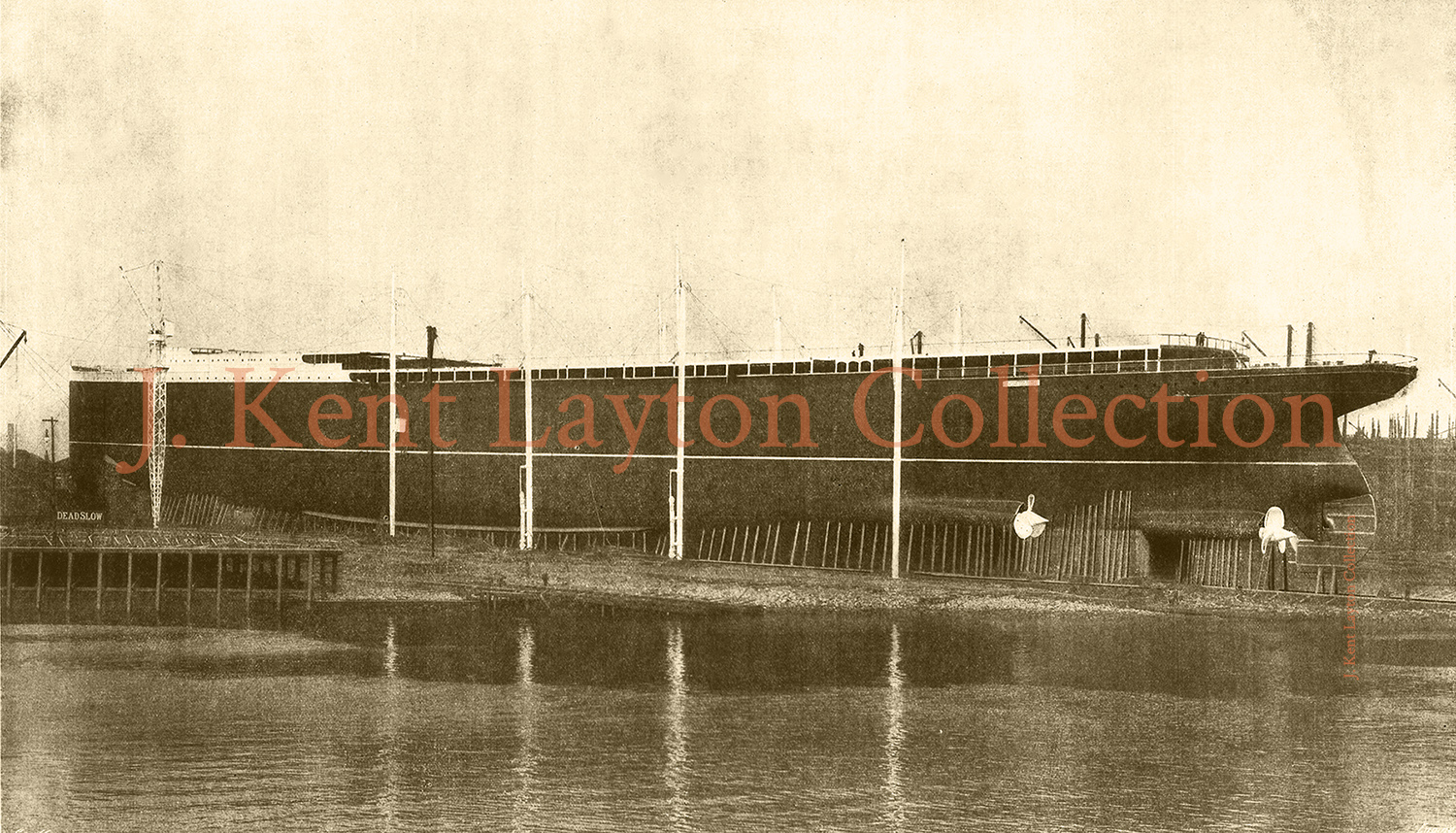 Viewed from the Clyde, the Lusitania dwarfs the river in this view of the ship shortly before she was ready to launch. (J. Kent Layton Collection)