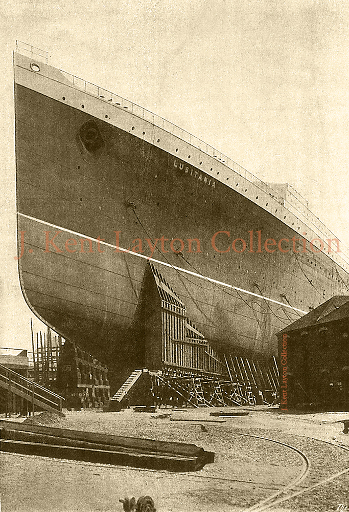 The mighty bow of the Lusitania stands poised on the ways. (J. Kent Layton Collection)