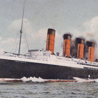 The Lusitania thunders forth at high speed during her trials in this colorized view. (J. Kent Layton Collection)