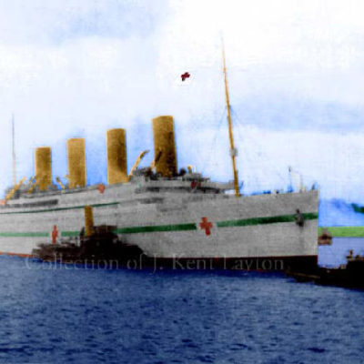 This is a copy of the preceding photograph, of Britannic entering Southampton, colorized by the author. (J. Kent Layton Collection)