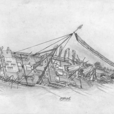 The Britannic sinks in the Kea Channel, 21 November 2916. (Sketch ©2005 by Chris Mazzella. Not for re-use without permission)