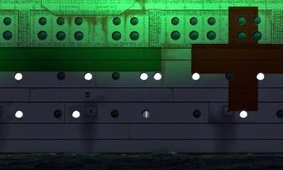 Britannic's starboard hull and paint scheme, illuminated at night to clearly identify the ship as a noncombatant. (Courtesy William Barney)