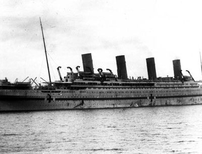 The Britannic arrives in Mudros Harbor, 3 October 1916. She would be sunk just the following month. (J. Kent Layton Collection)