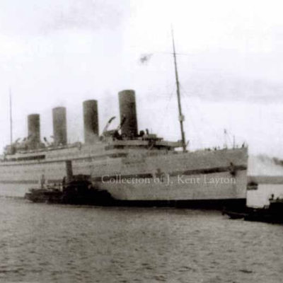 On 9 January 1916, the HMHS Britannic enters Southampton for the first time, having just completed her first voyage as a hospital ship. (J. Kent Layton Collection)