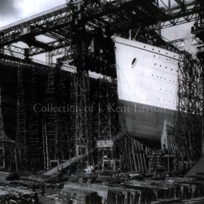In this photograph, the Olympic and Titanic stand side by side on the stocks at Harland & Wolff shipyards in Belfast, Ireland. It is October 1910, and Olympic is ready for launch. (J. Kent Layton Collection)