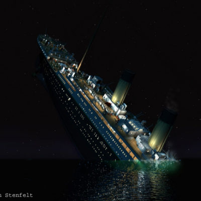 Titanic's stern rears up into the night.