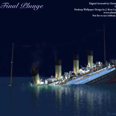 Titanic's forward funnel falls.