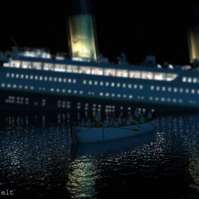 A lifeboat pulls away from Titanic's starboard side.